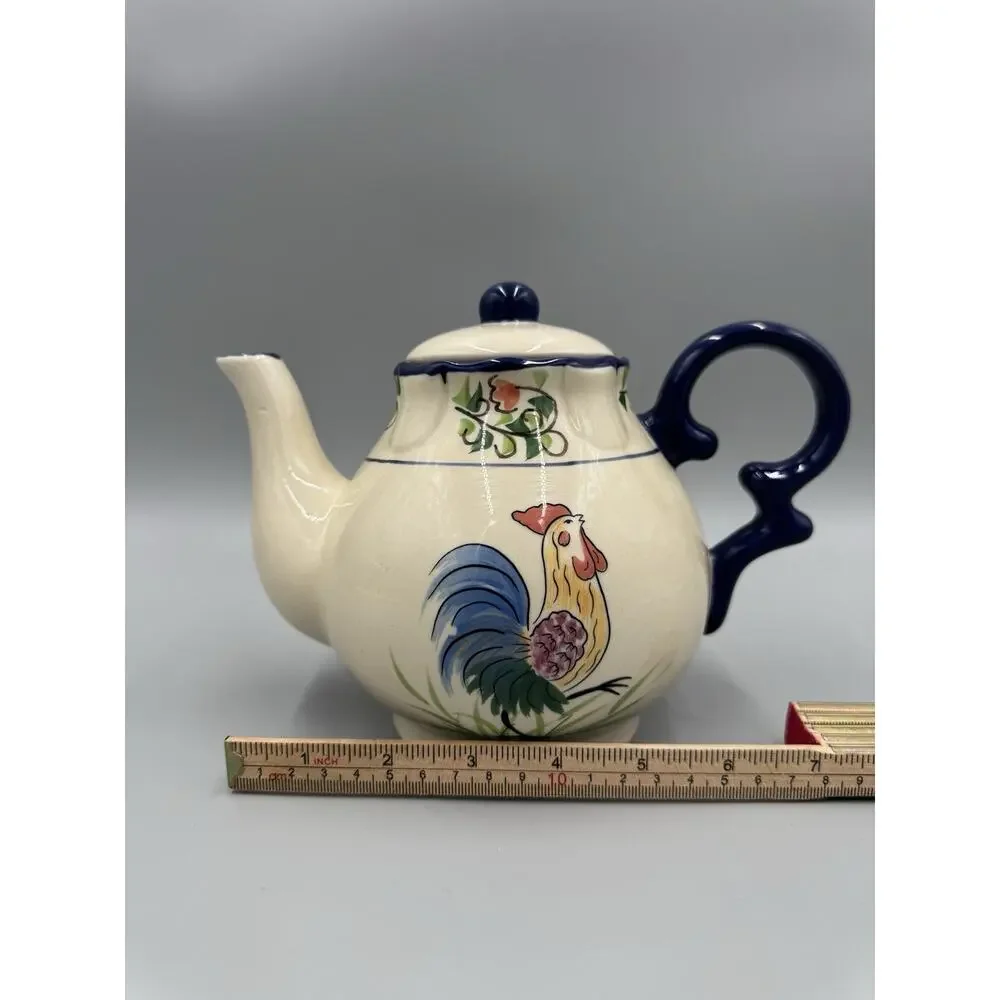 Crackle Barrel Rooster Teapot With Lid Blue Handle